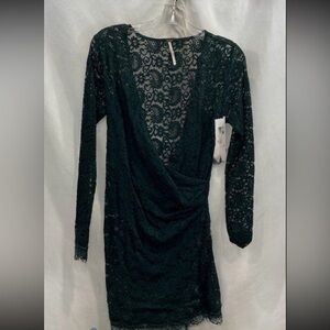 NWT Free People Deepest Spruce Lace Plunge Front Long Sleeve Dress. Size XS